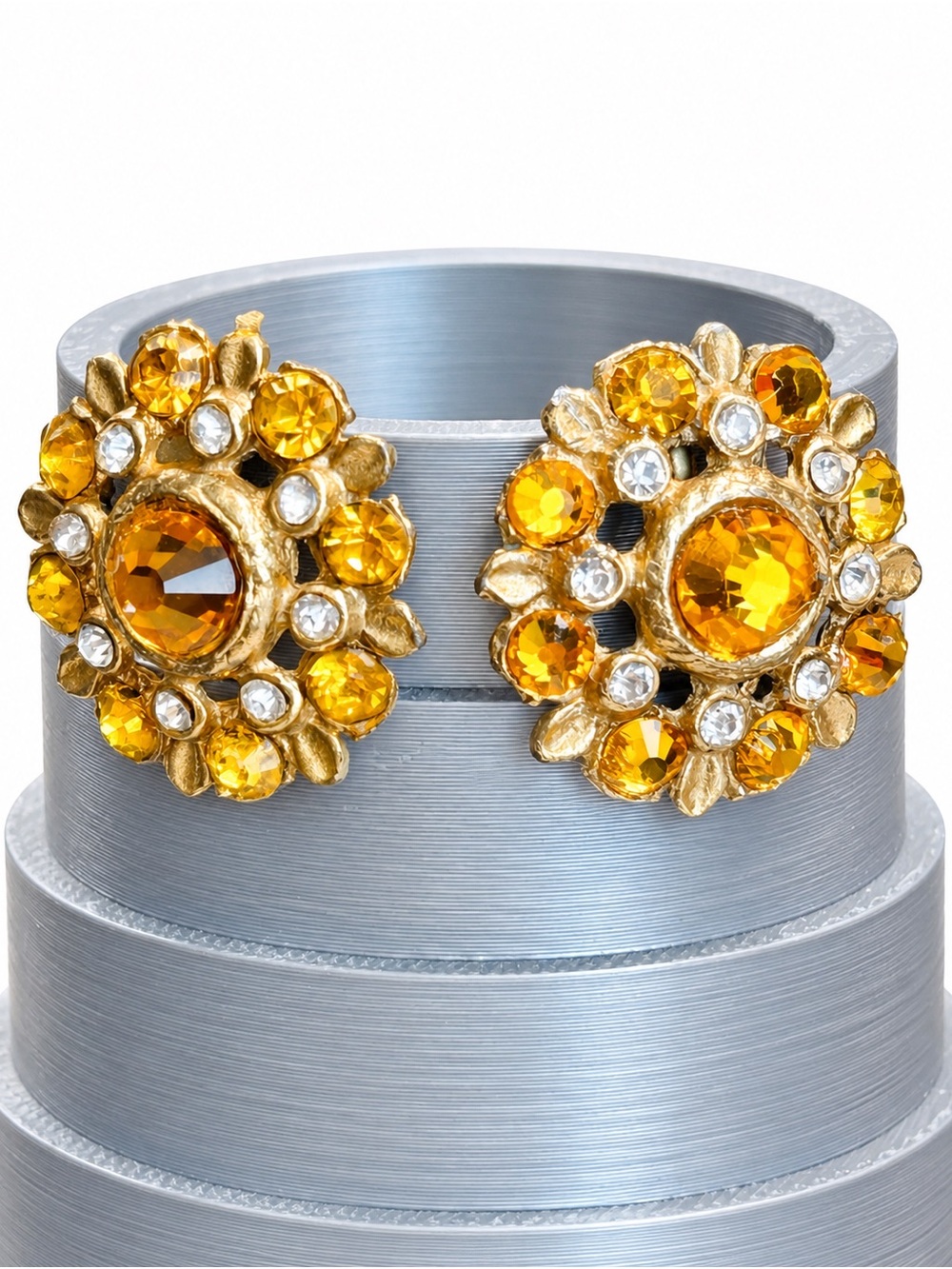 Vintage Amber & Clear Rhinestone Screwback Earrings 7/8” (1930s–1940s)